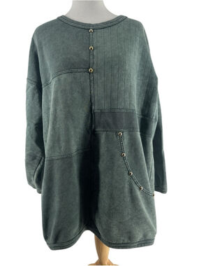 KD Designs Green Mineral Wash Patchwork Sweatshirt Stud Oversized Tunic Top sz M